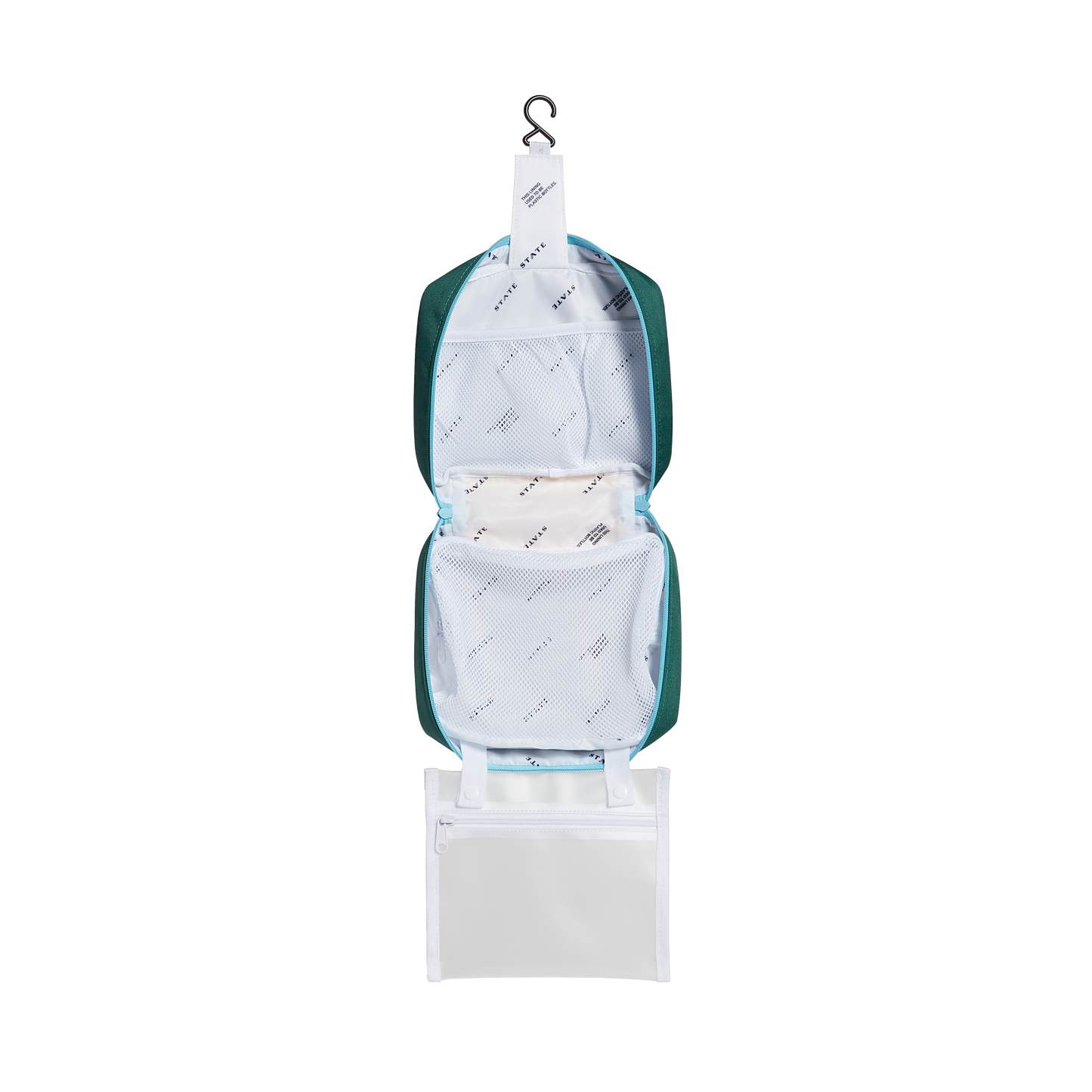 Green hanging toiletry bag with white interior on a white background