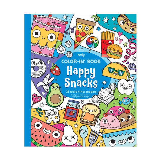 A colorful cover of the 'Color-in' Book: Happy Snacks Coloring Book' featuring whimsical illustrations of various snacks such as pizza, ice cream, and cupcakes with faces and legs, as well as an avocado and a watermelon.