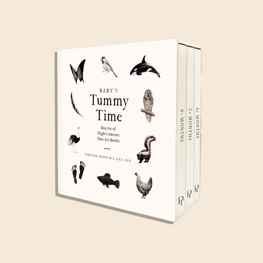 A set of three board books titled 'Baby's Tummy Time' with high-contrast animal illustrations on the cover, designed for infants and young children.