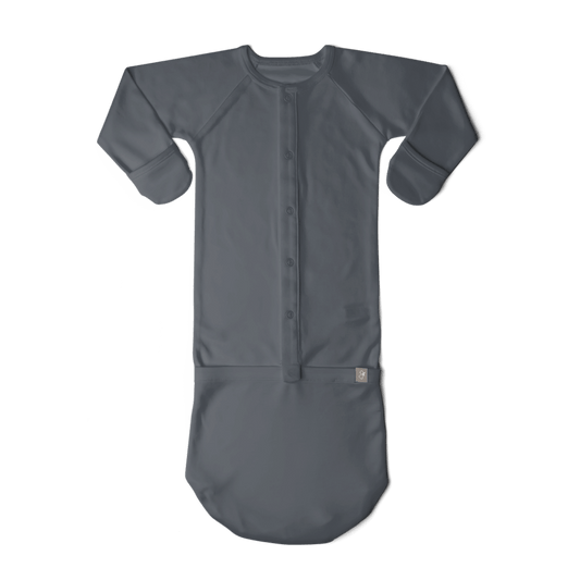 Gray baby onesie with short sleeves on a transparent background
