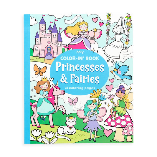 Cover of the 'Color-in' Book - Princesses & Fairies, featuring illustrated princesses and fairies with castles and hearts, with a blue castle-themed design.