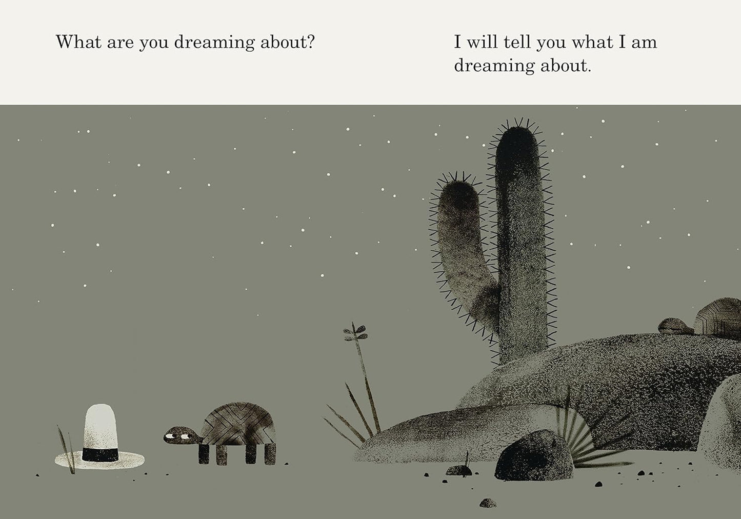Inside book illustration of a turtle in the night desert in front of a hat with text at the top of the page.