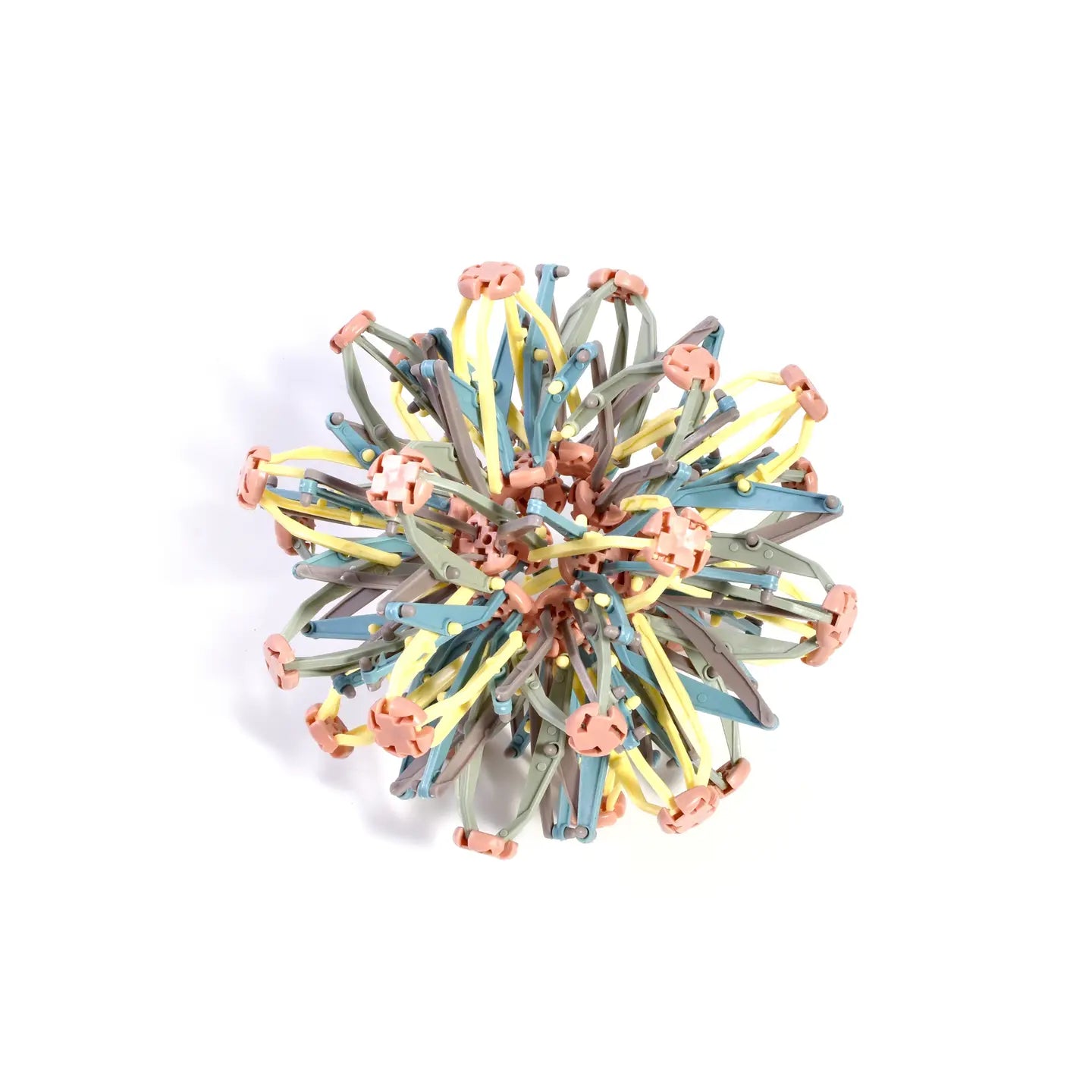 A multicolored expandable Hoberman sphere, also known as the Mindfulness Magic Ball.