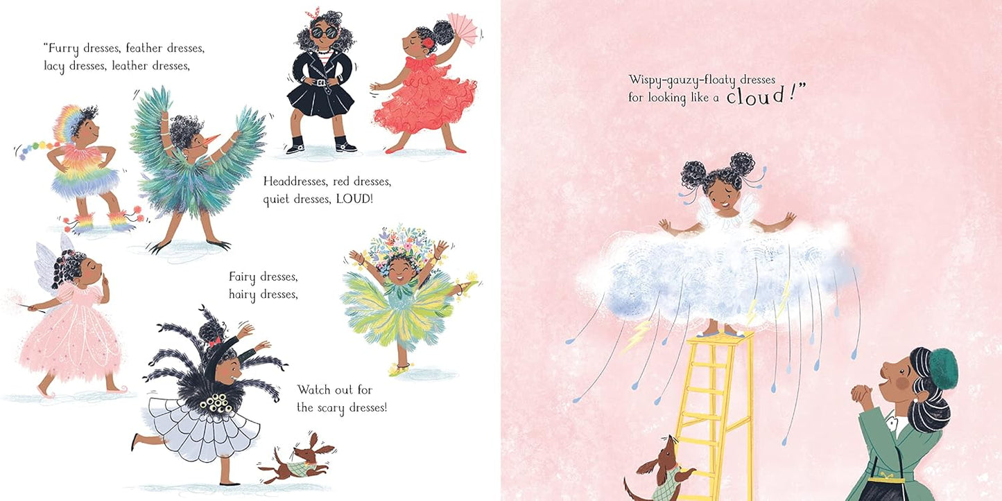 Illustrations of a girls in different costumes like a bird, fairy, and spider and the second page she is in a cloud costume.