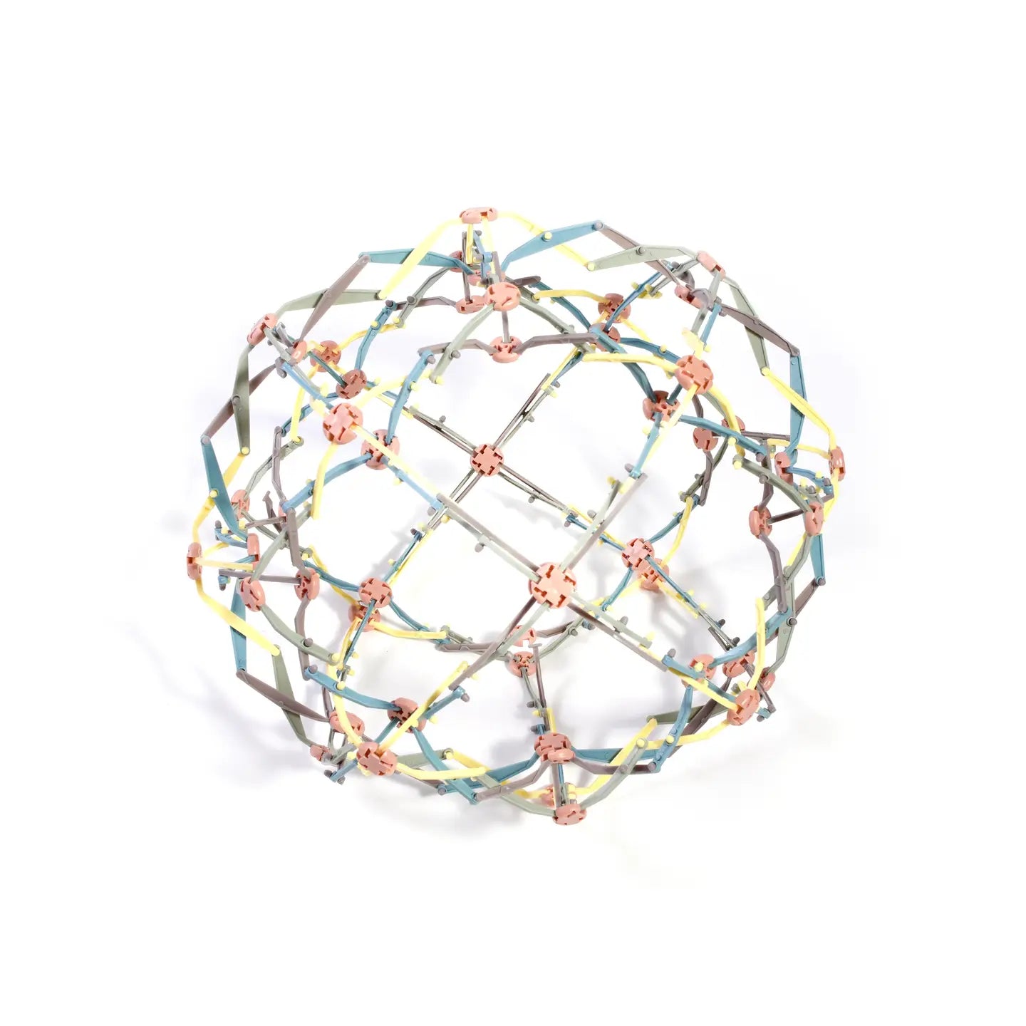 A multicolored expanded Hoberman sphere, also known as the Mindfulness Magic Ball.