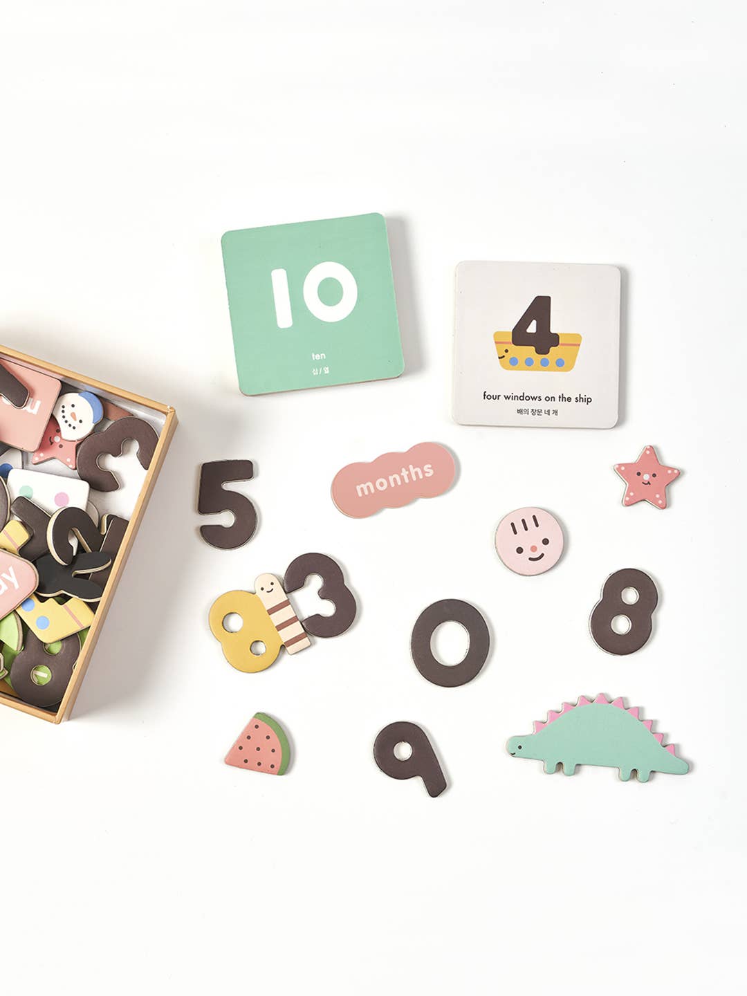 Magnetic pieces and number cards.