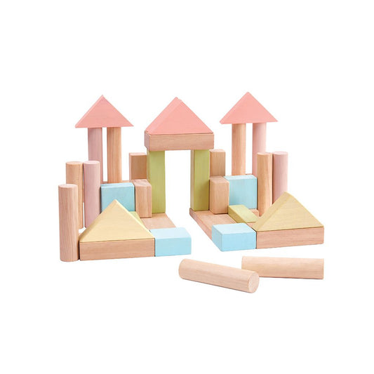 Set of pastel-colored wooden building blocks on a white background