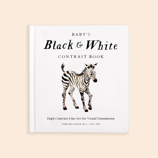 Cover of 'Baby's Black & White Contrast Book' featuring a high-contrast black and white image of a zebra.