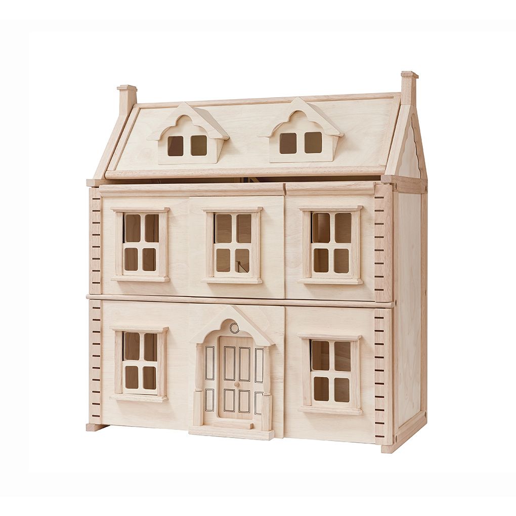 Wooden dollhouse with a white roof on a white background