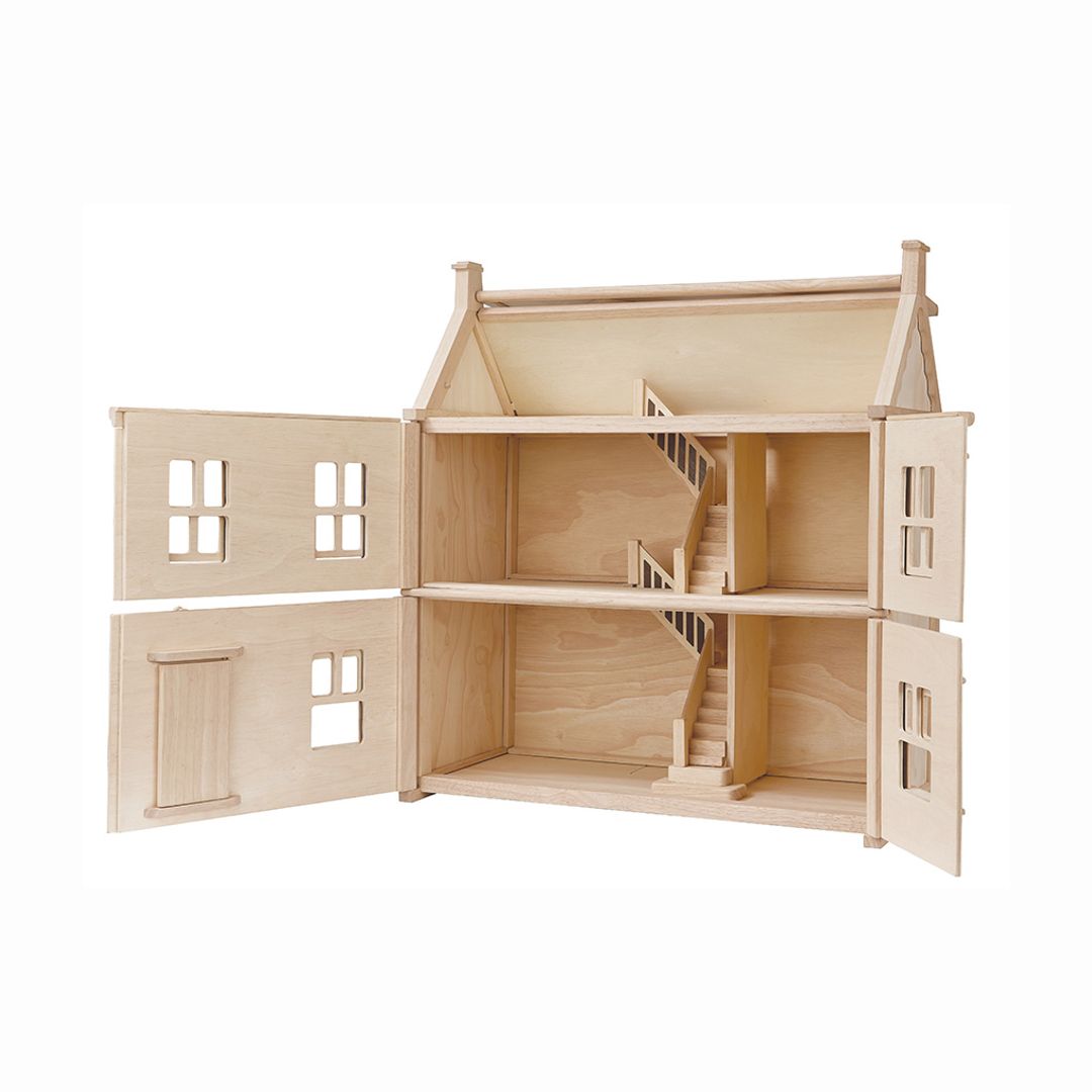 Wooden dollhouse with open doors on a white background