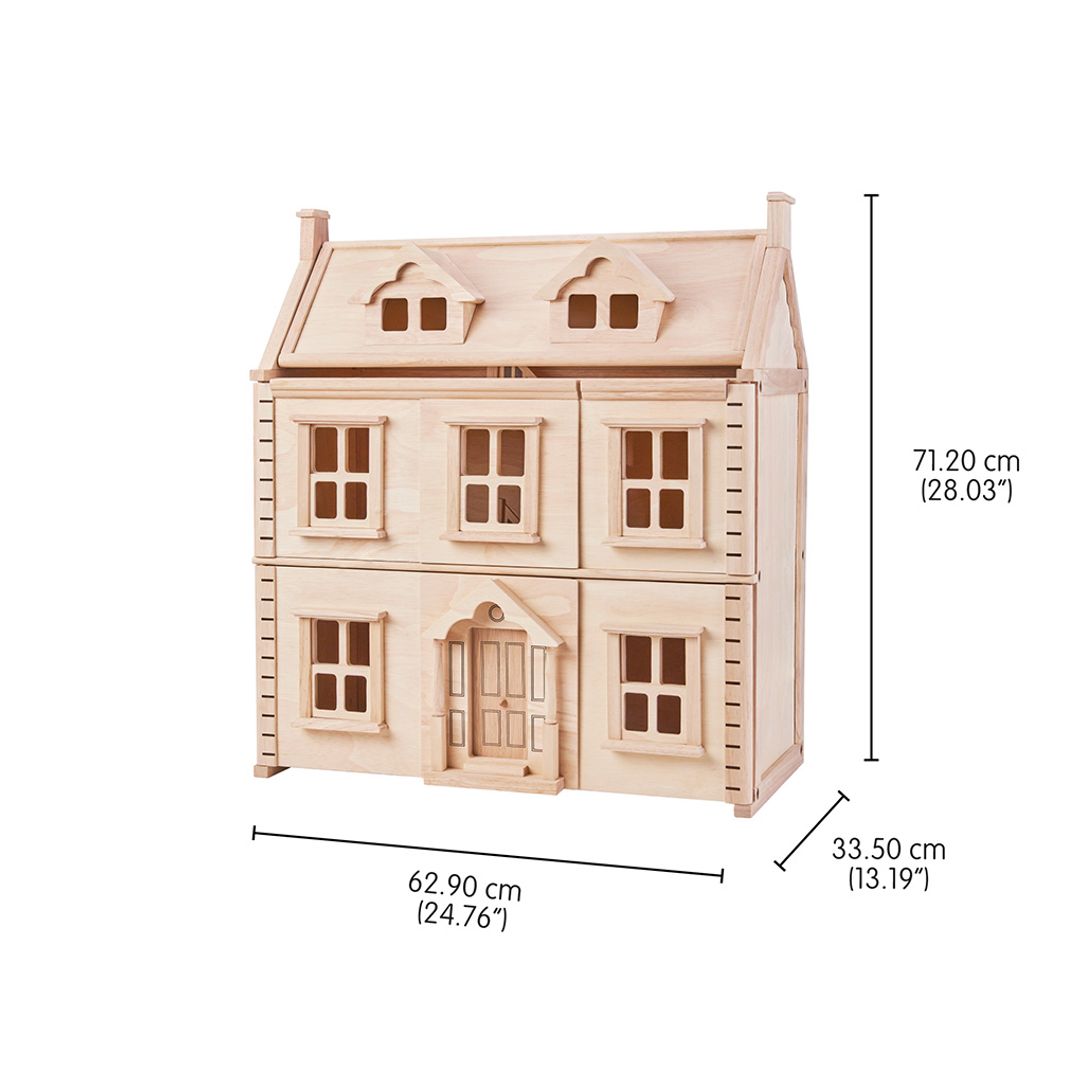 Wooden dollhouse with dimensions indicated on a white background