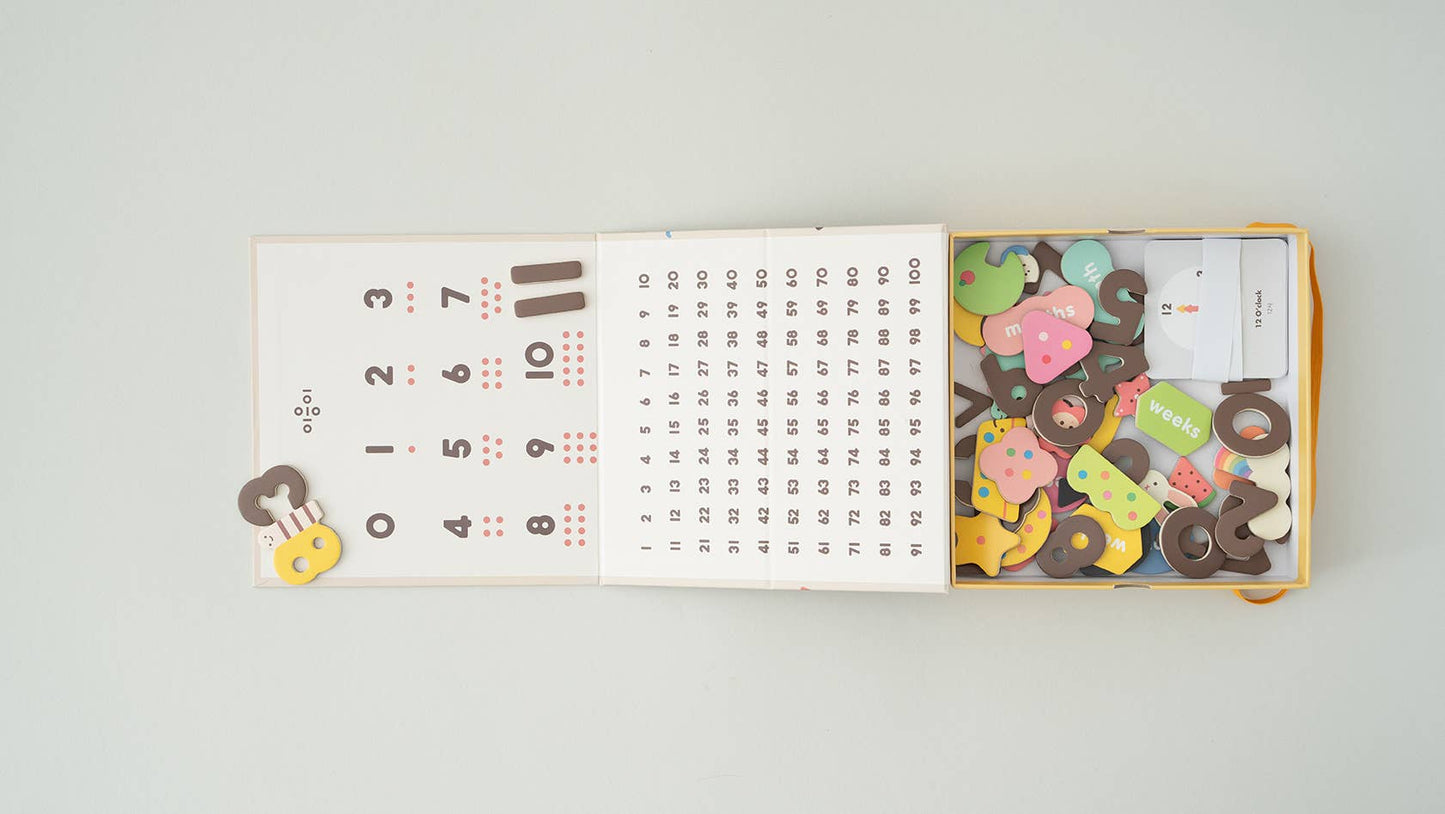 Interior of the oiooio magnetic numbers play set showing numbers 1-100 chart and magnetic pieces.