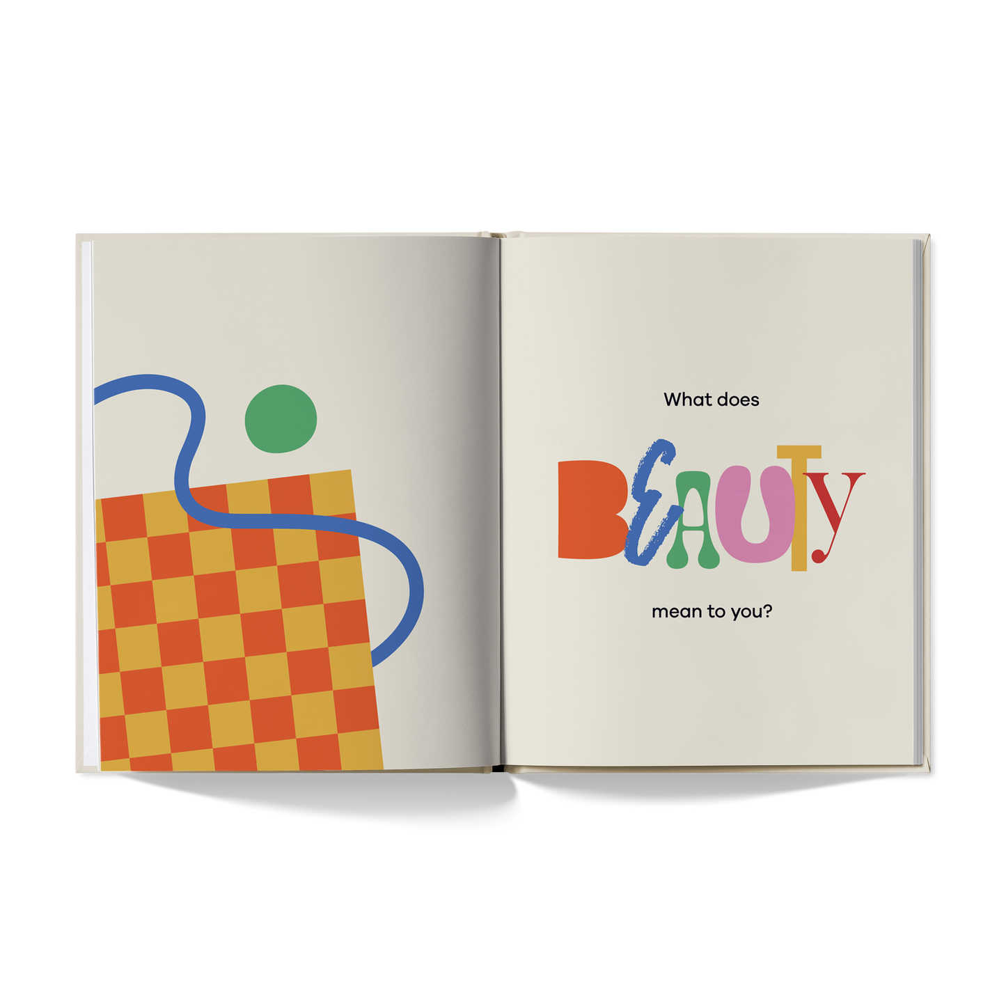 Open book with colorful design and text on a white background