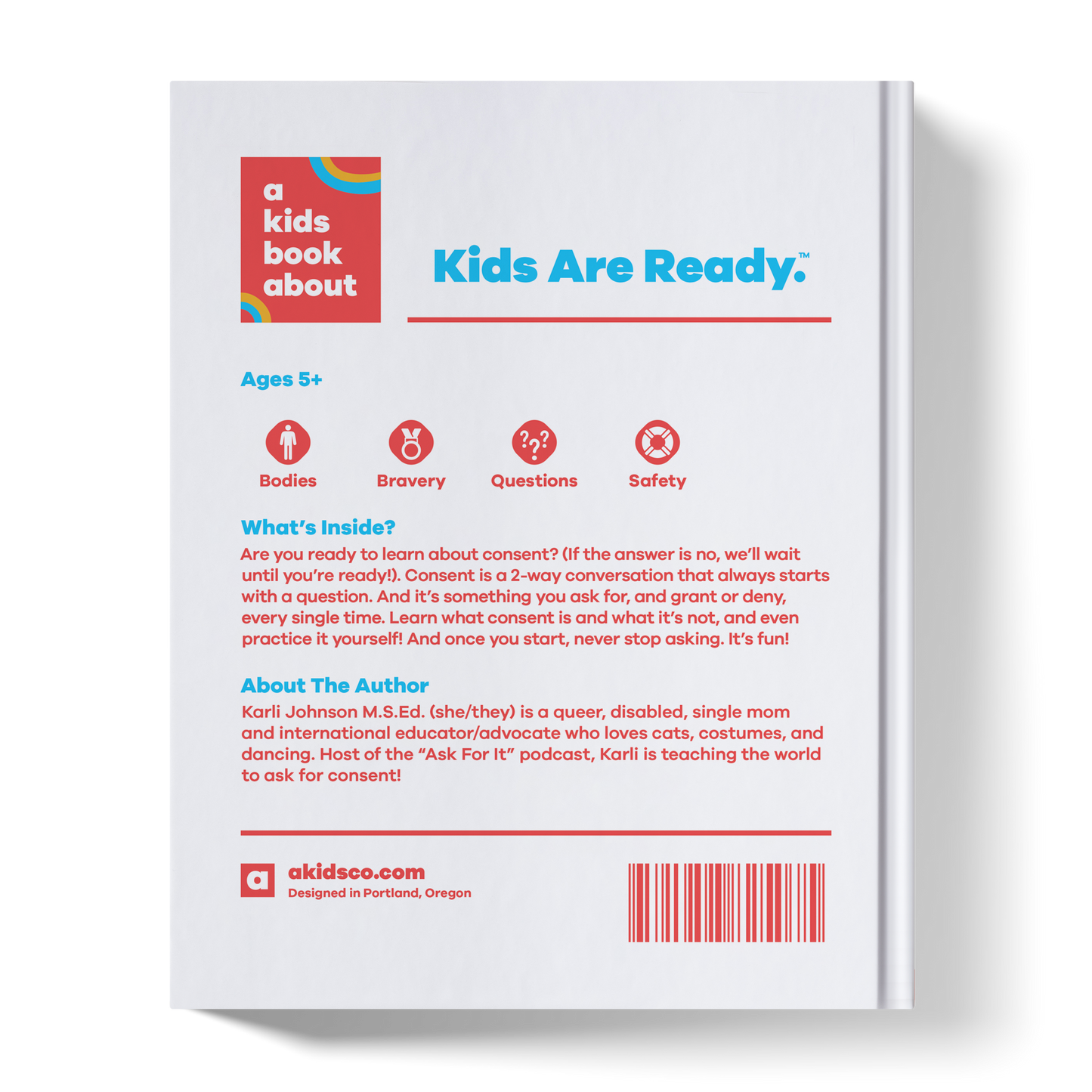 Back cover of a book titled 'A Kids Book About Kids Are Ready' with text and branding elements.