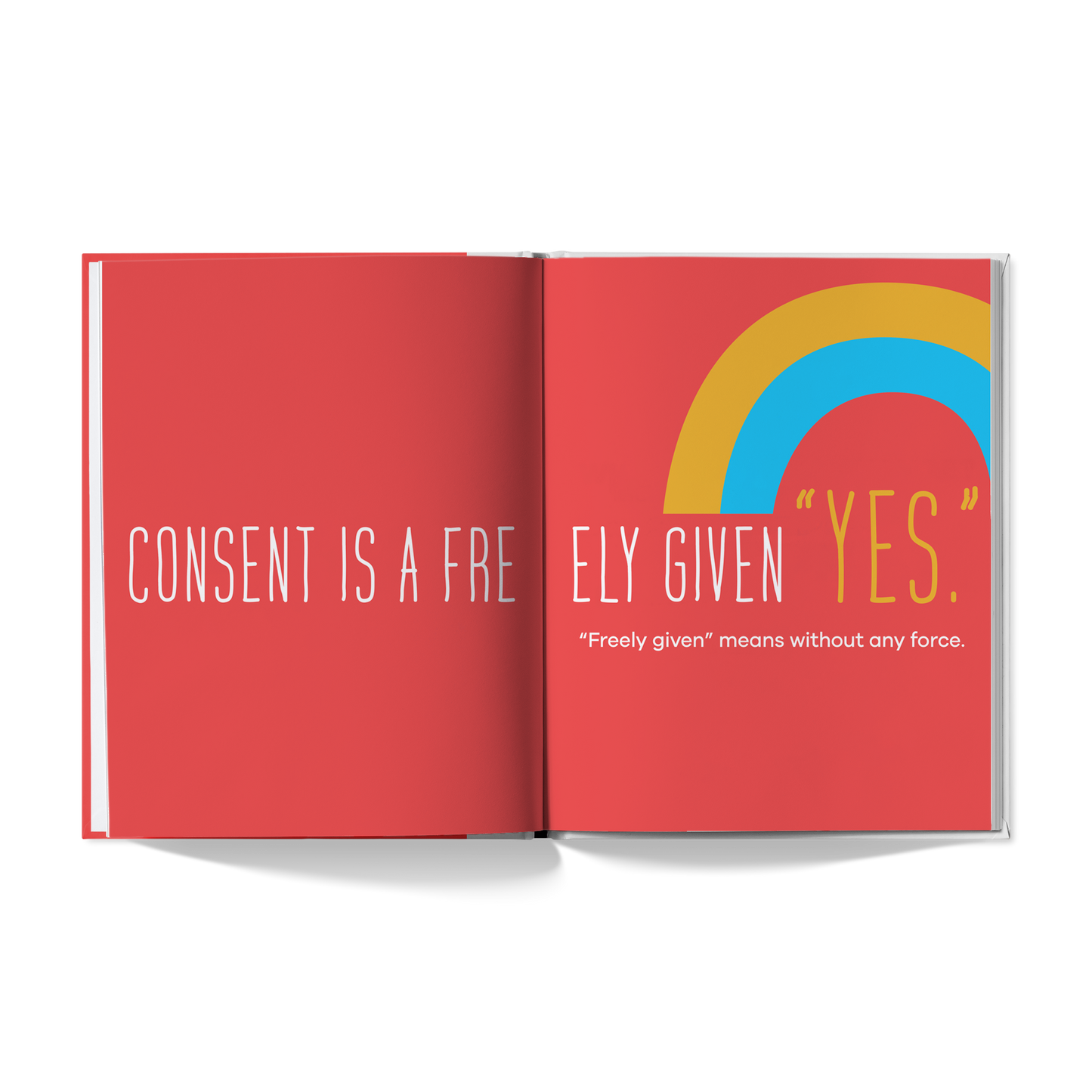 Open book with red pages displaying text and a rainbow graphic on a white background