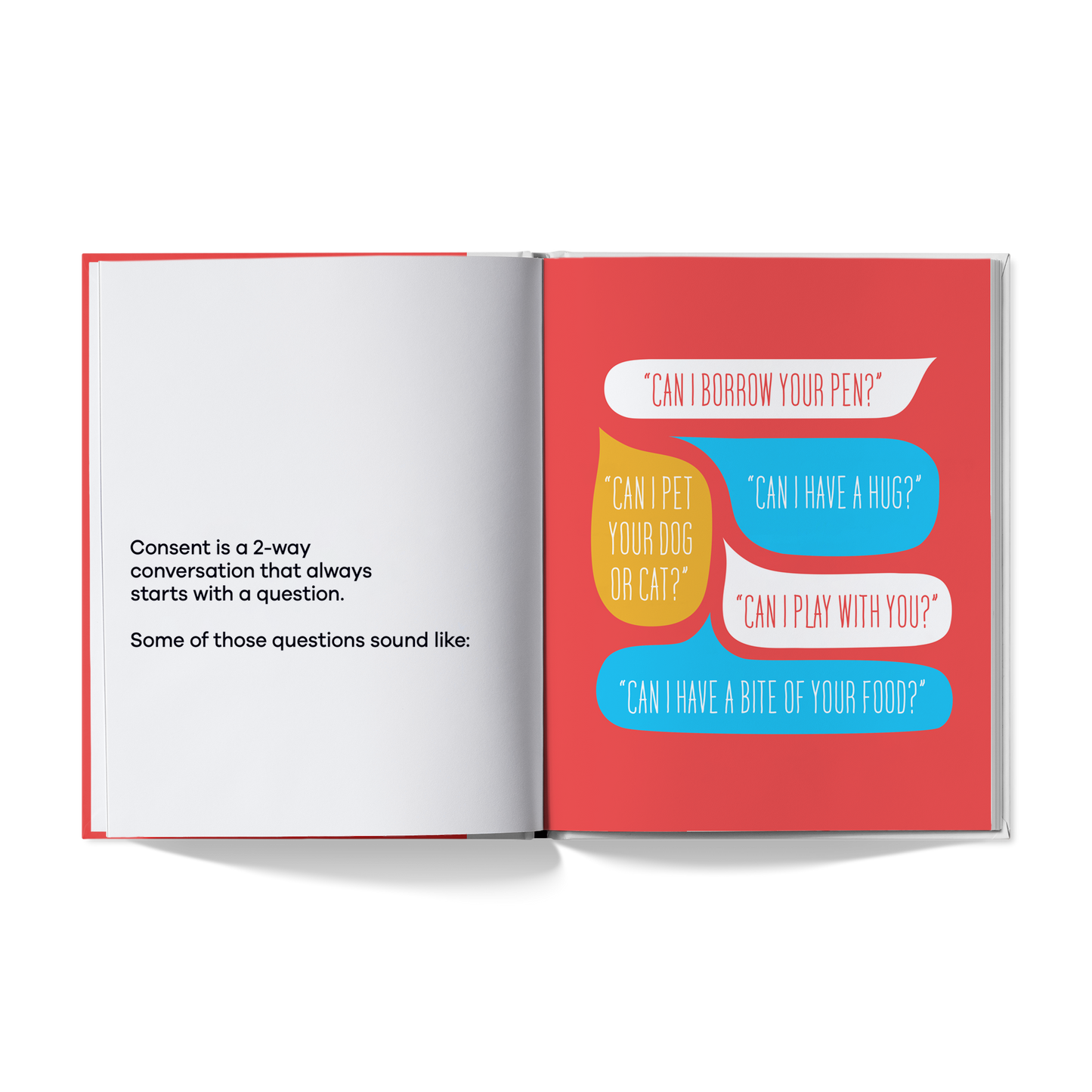 Open book with colorful text bubbles on a red background