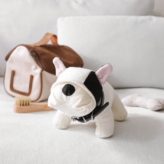 Plush toy dog with a brown bag and toothbrush on a light surface