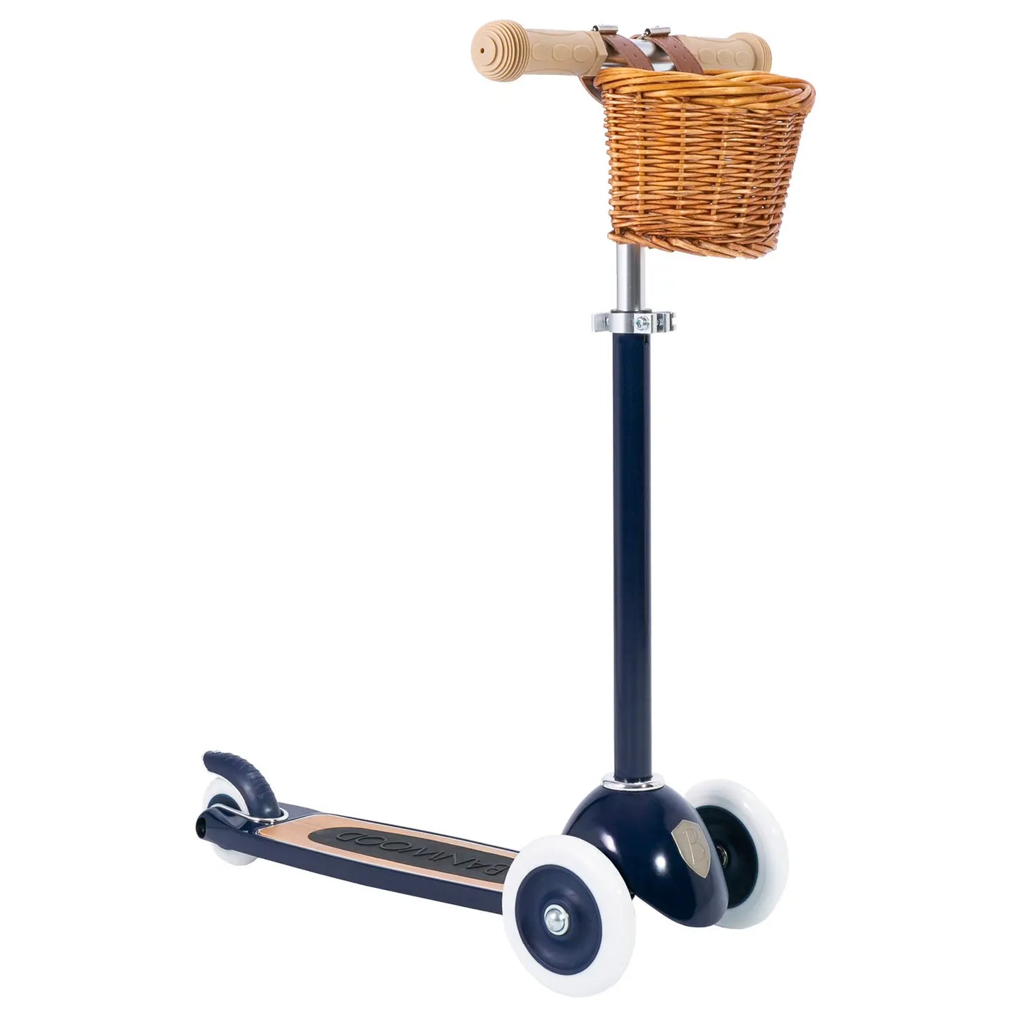 Navy blue scooter with a wicker basket on a white background