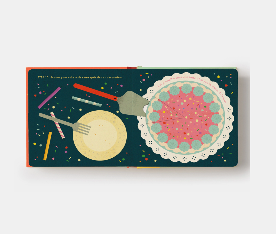 Illustrated book page with a cake, fork, and spoon on a green background