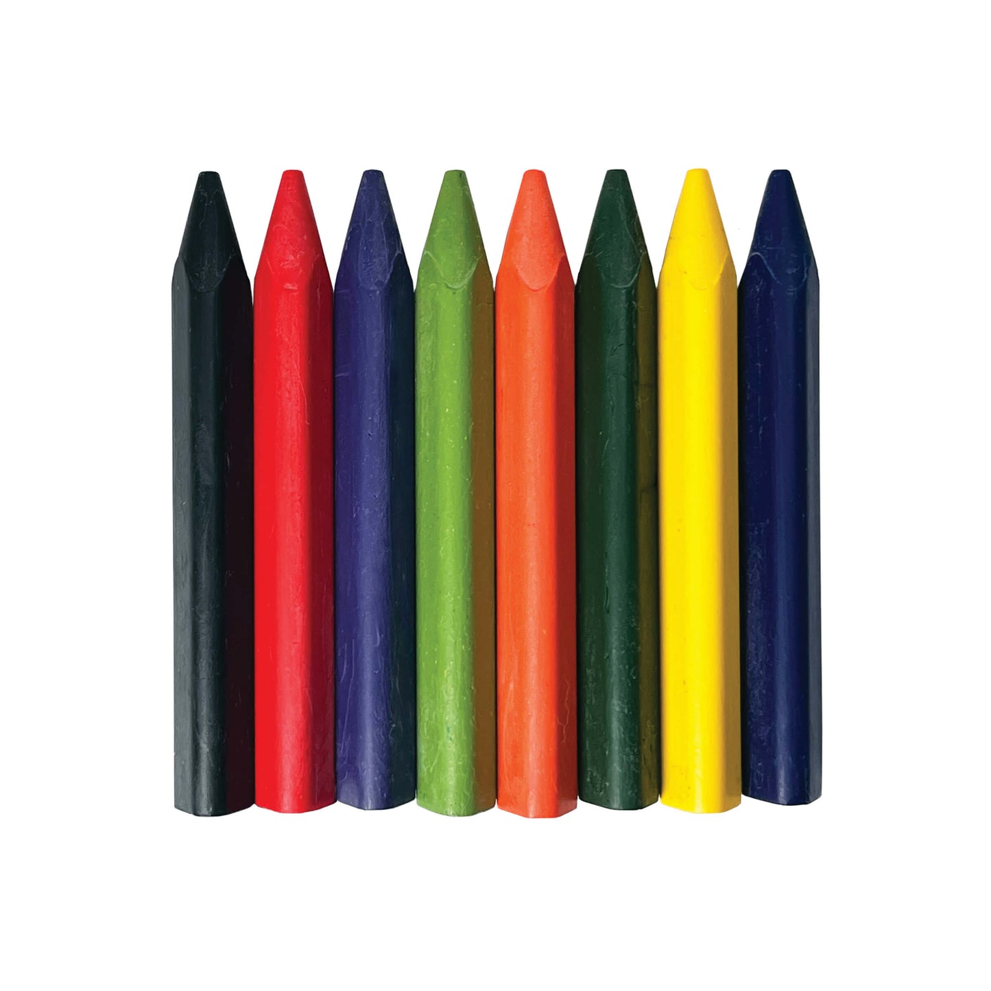 Set of eight colorful crayons on a white background