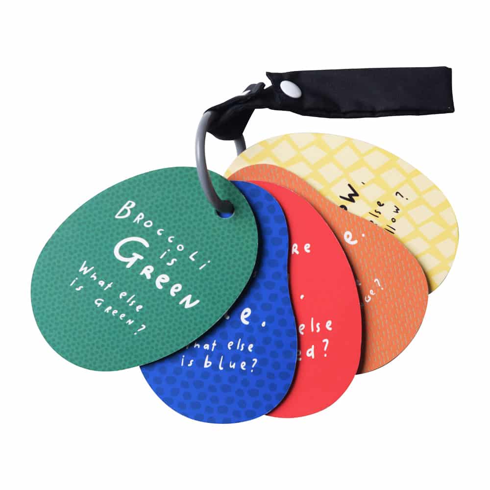 Colorful stroller cards with text on a white background
