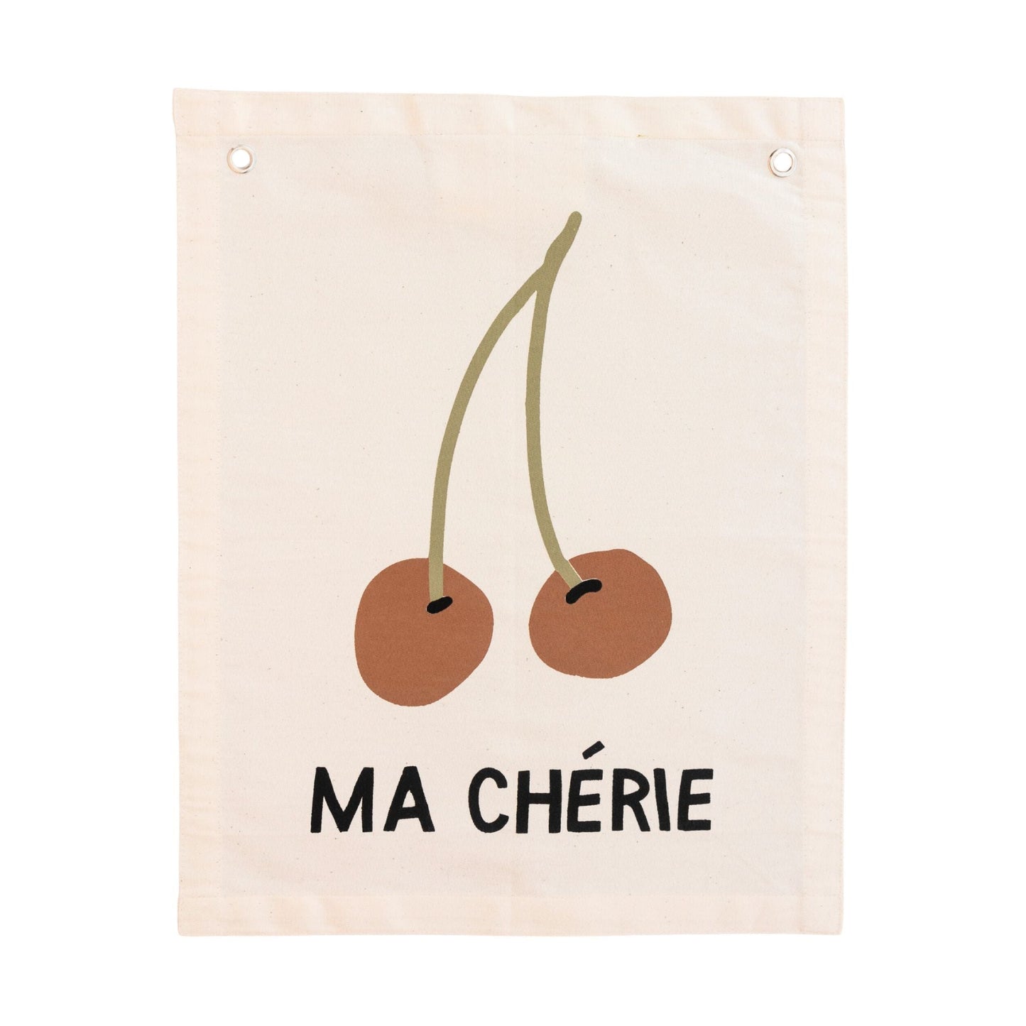 Decorative banner with two cherries and 'MA CHÓRIE' text on a beige background