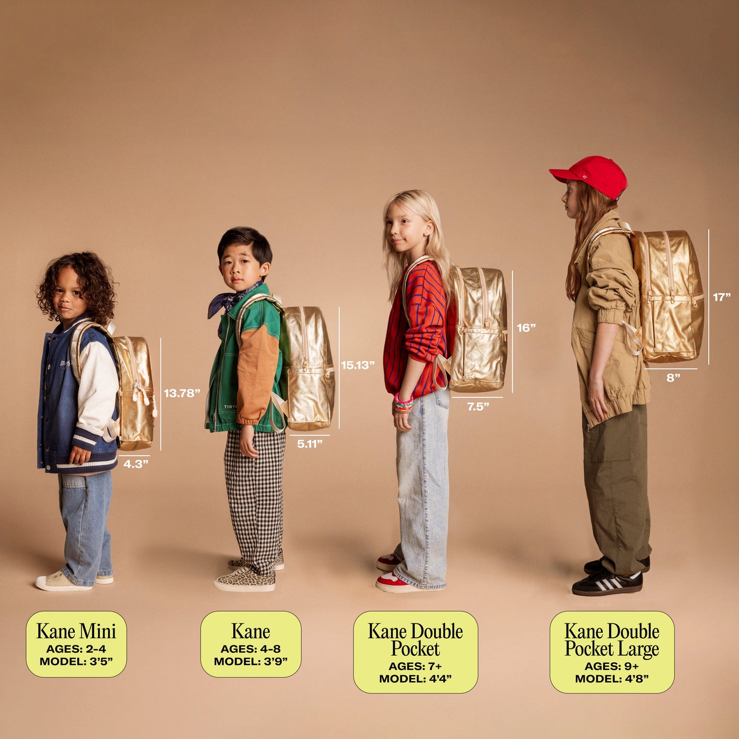 Children wearing different sizes of Kane backpacks with height measurements on a beige background.