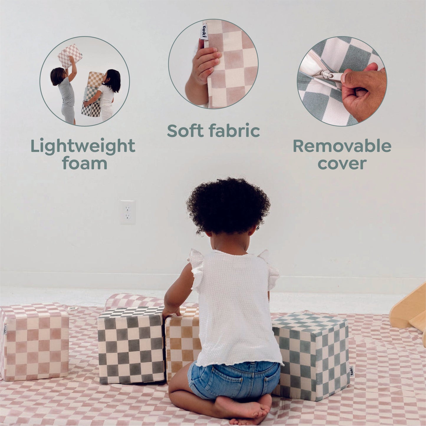 Child playing with checkered foam blocks on a bed, with text highlighting features like lightweight foam, soft fabric, and removable cover.