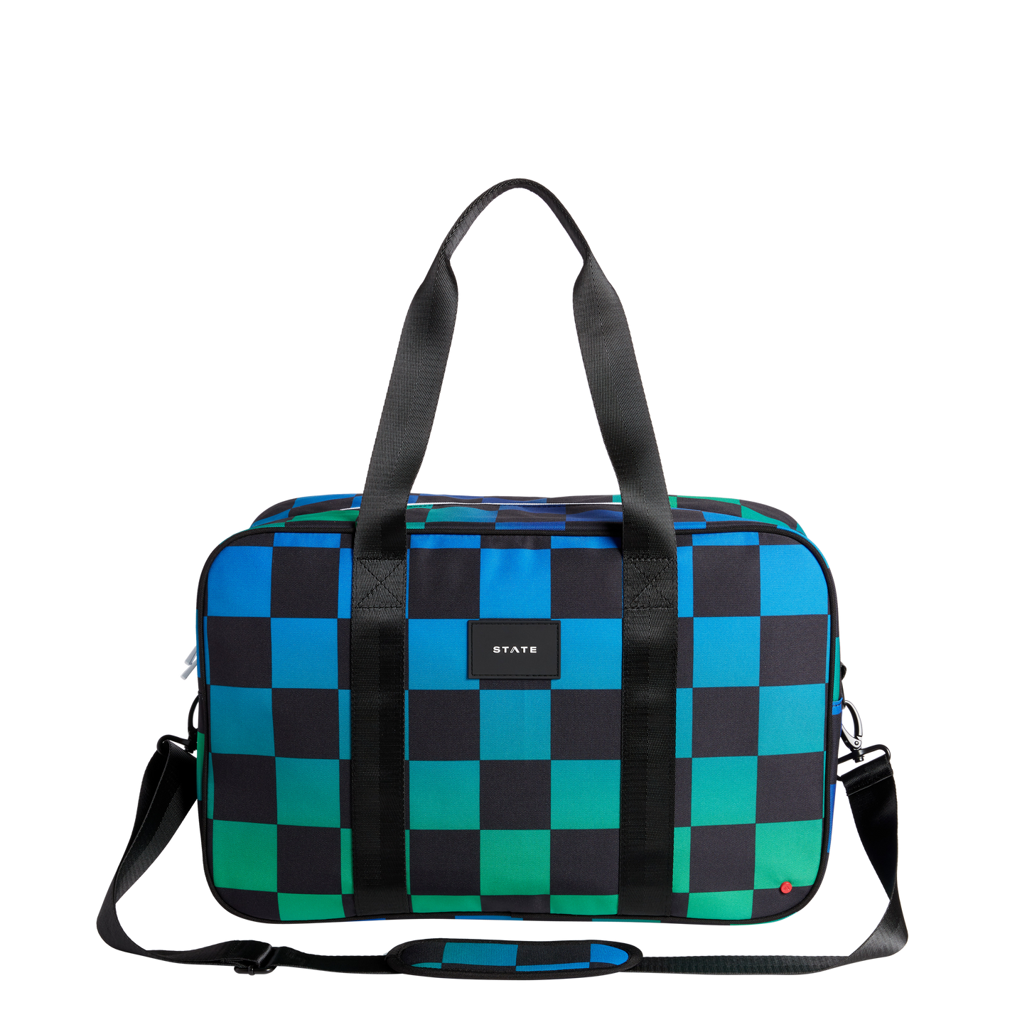 Checkered duffel bag with black straps on a white background