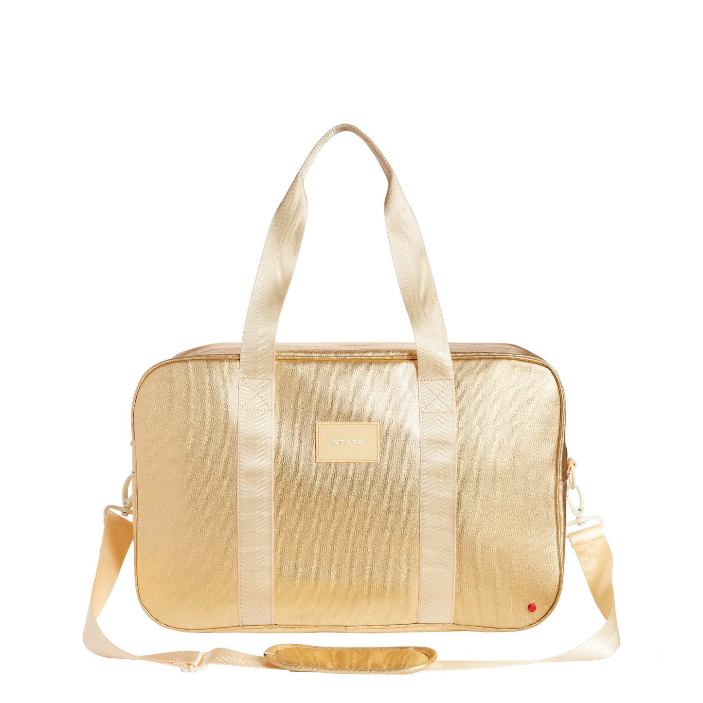 Gold duffel bag with a visible brand label on a white background