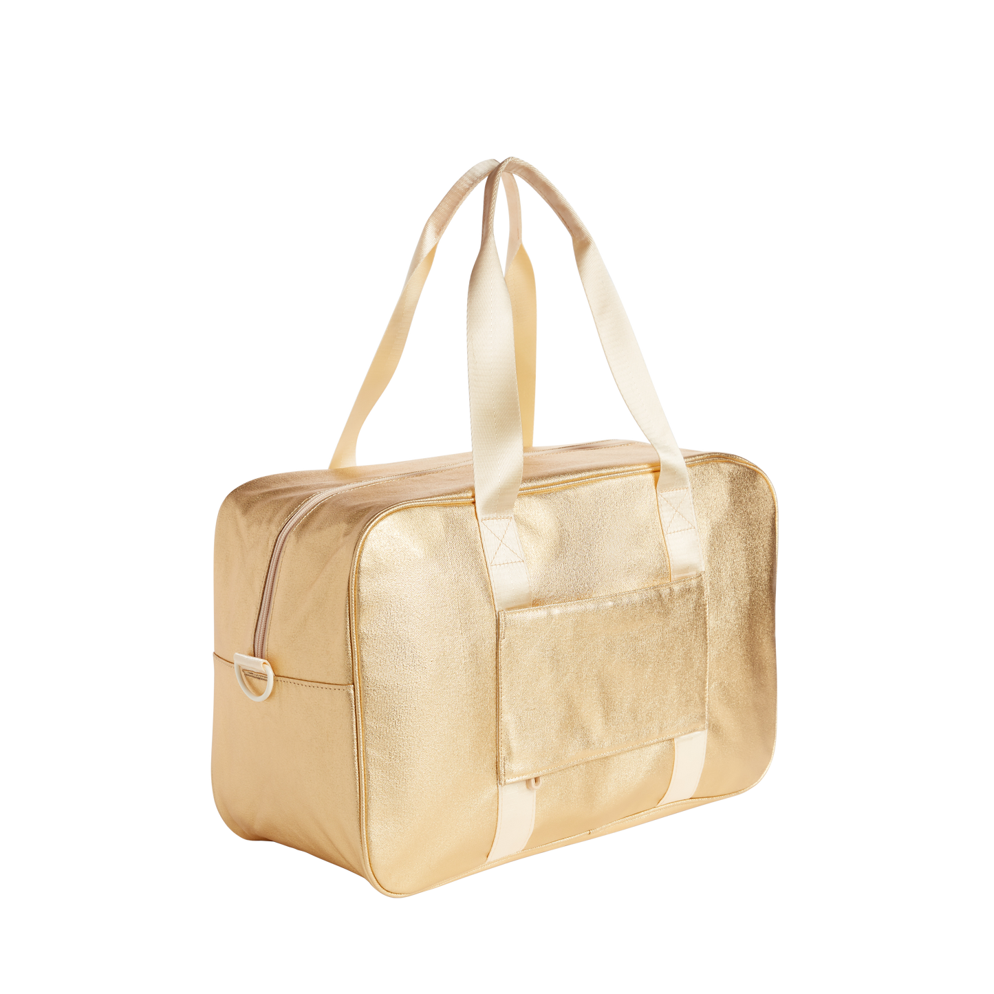 Gold duffel bag with a strap on a white background