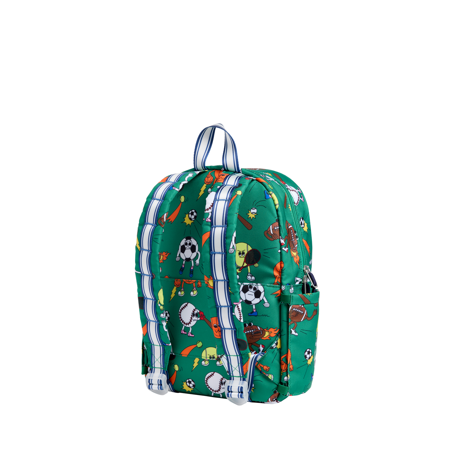 Green backpack with sports-themed design on a white background