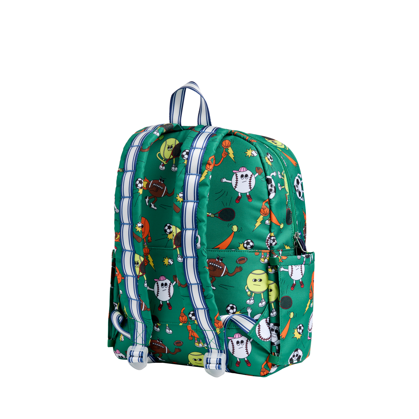 Green backpack with colorful patterns on a white background