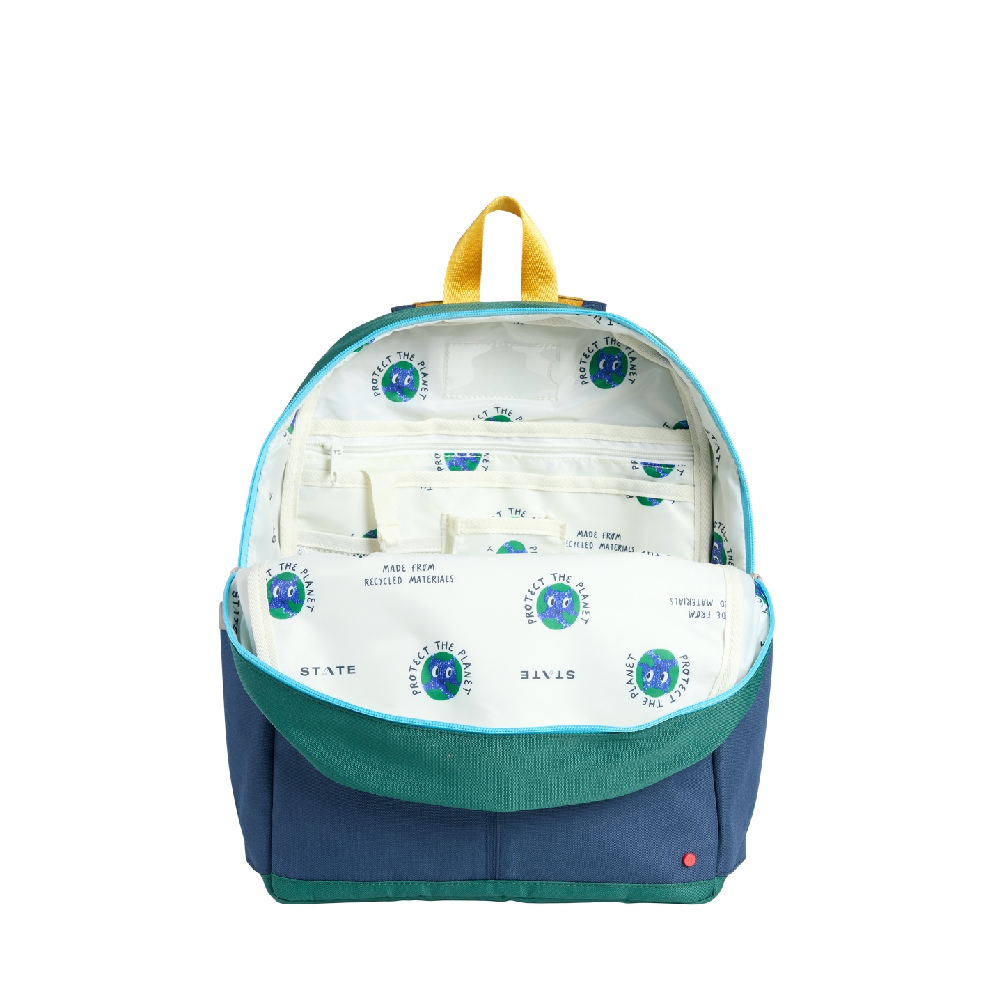 Backpack with diaper contents on a white background