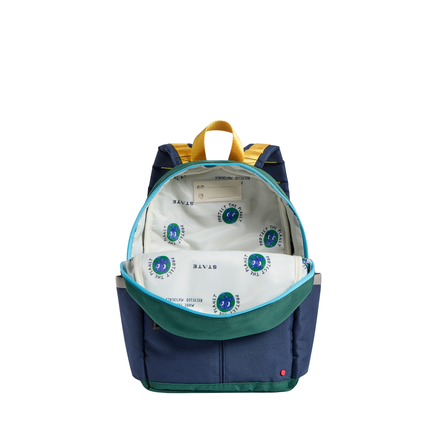 Navy and green backpack with a white interior on a white background