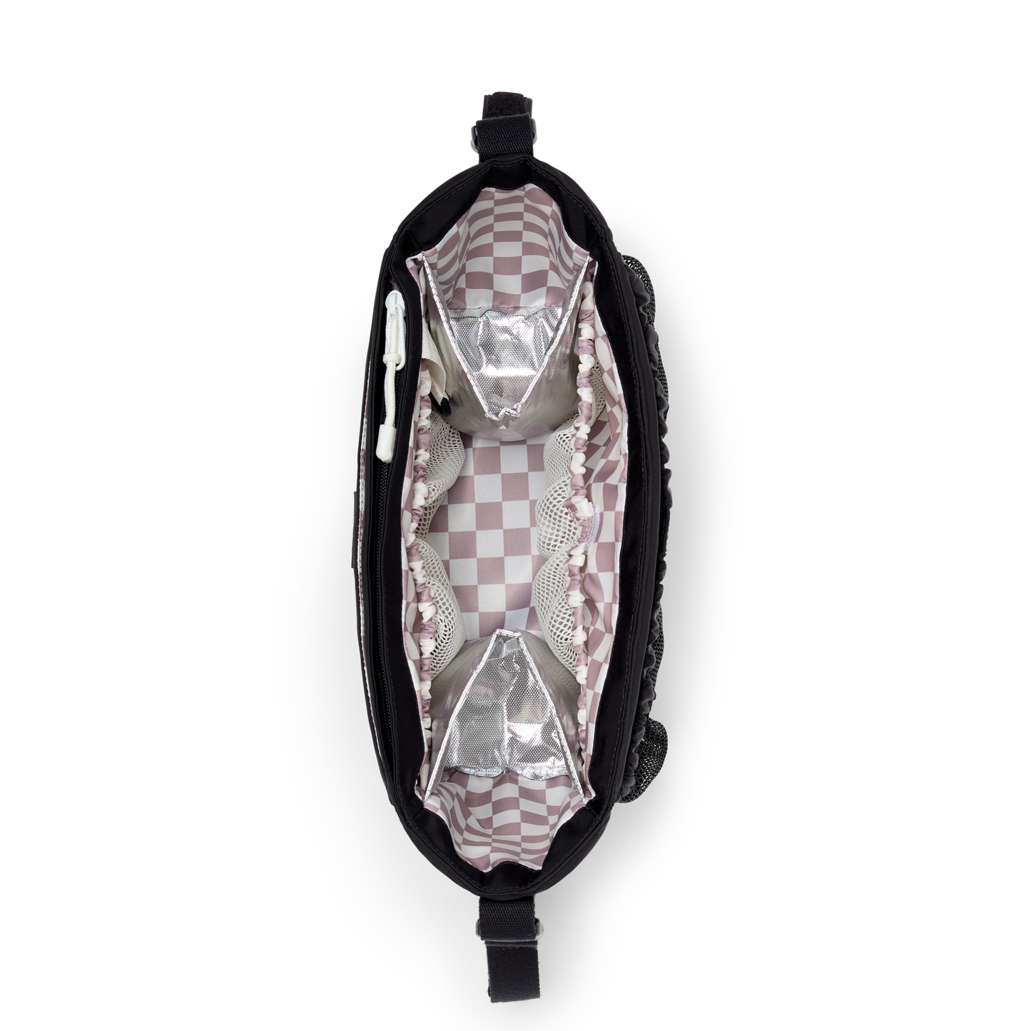 Black bag with a checkered interior on a white background