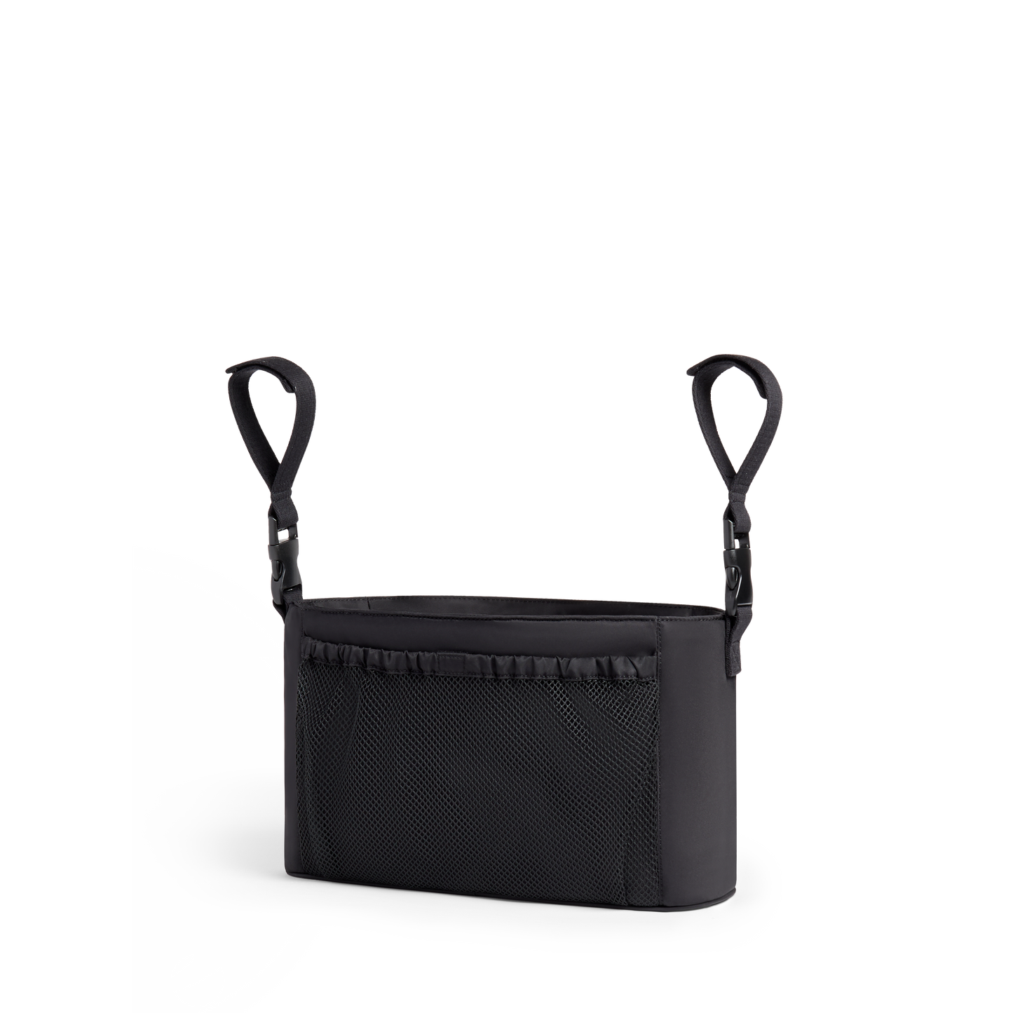 Black car seat organizer with straps on a white background