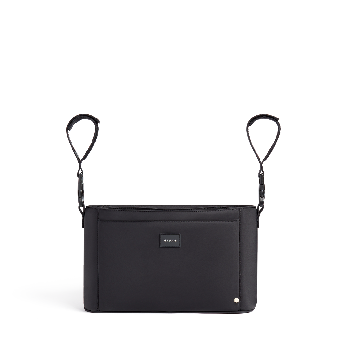 Black crossbody bag with a visible brand label on a white background