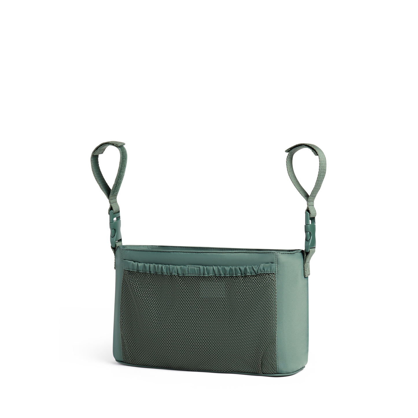 Green baby seat safety strap on a white background