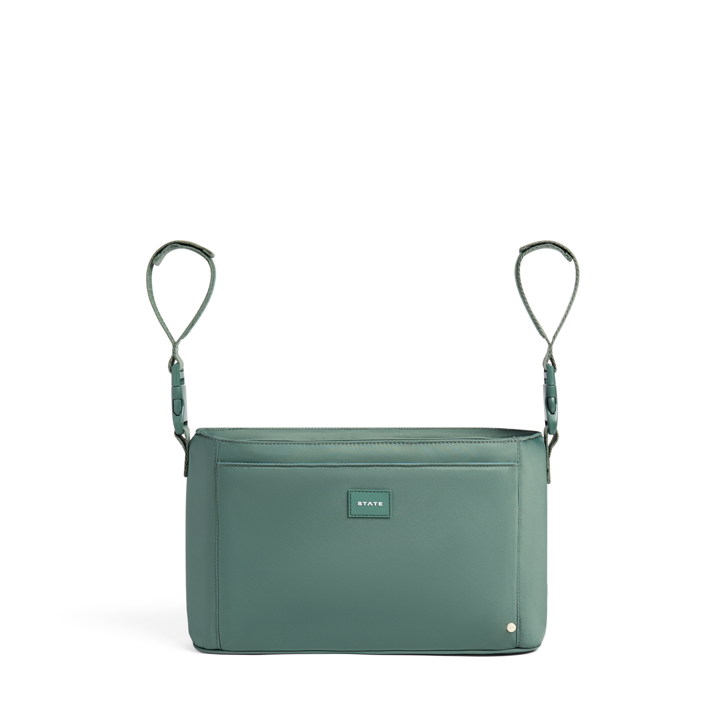 Green crossbody bag with a visible brand logo on a white background