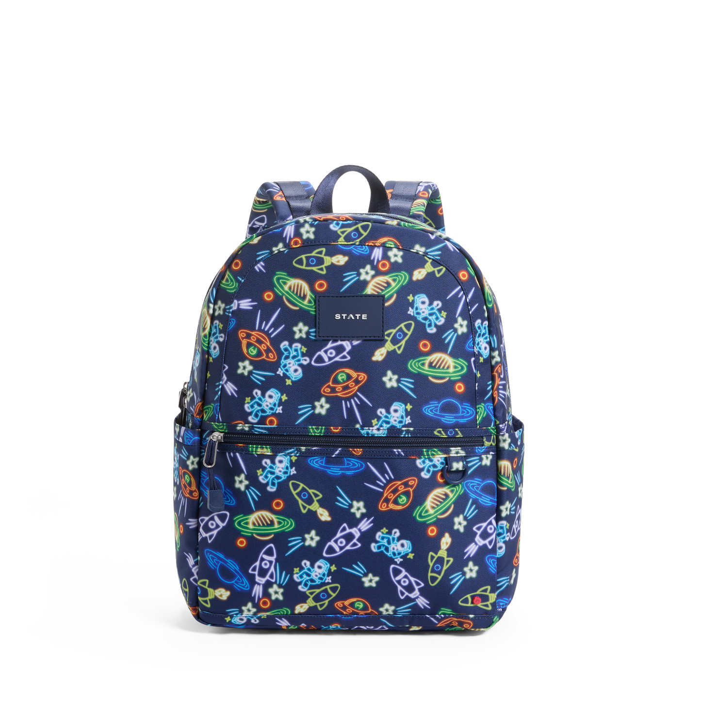 Backpack with colorful space-themed pattern on a white background