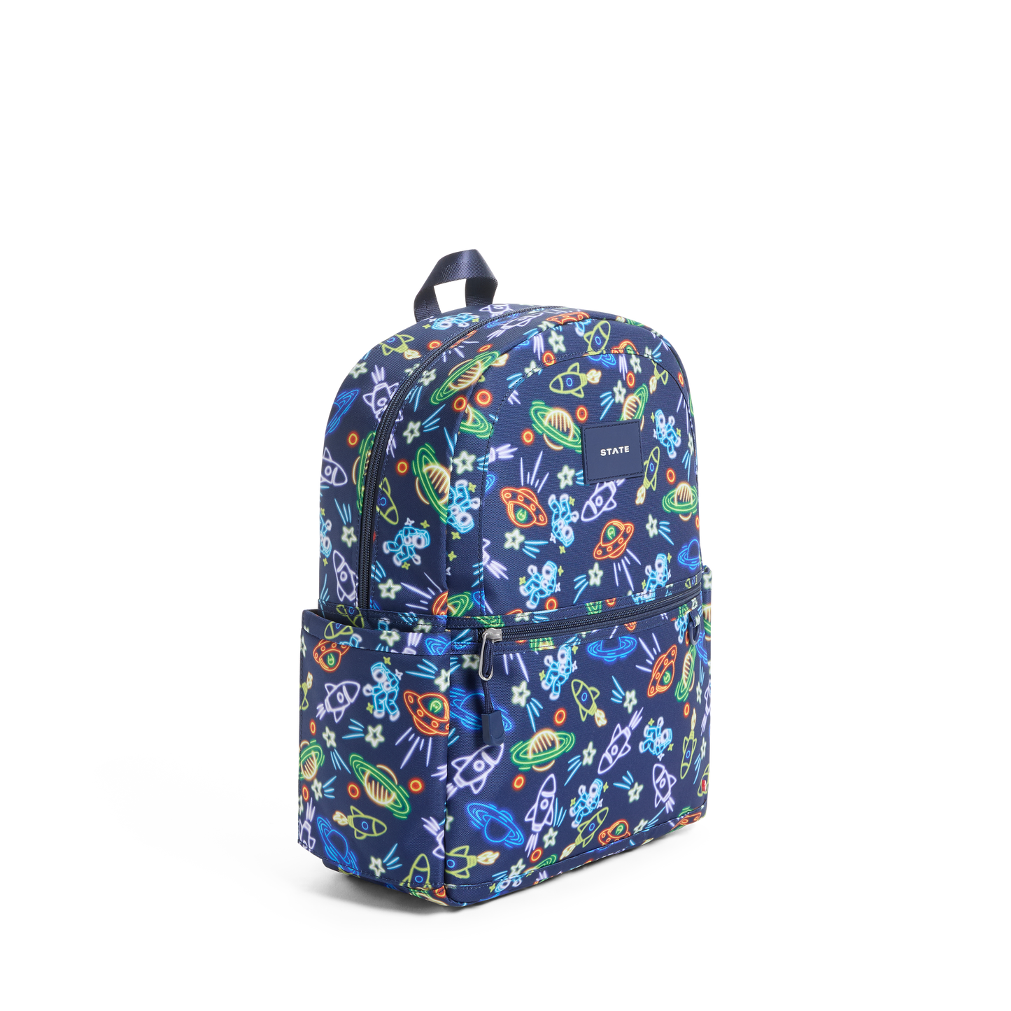 Backpack with colorful space-themed pattern on a white background