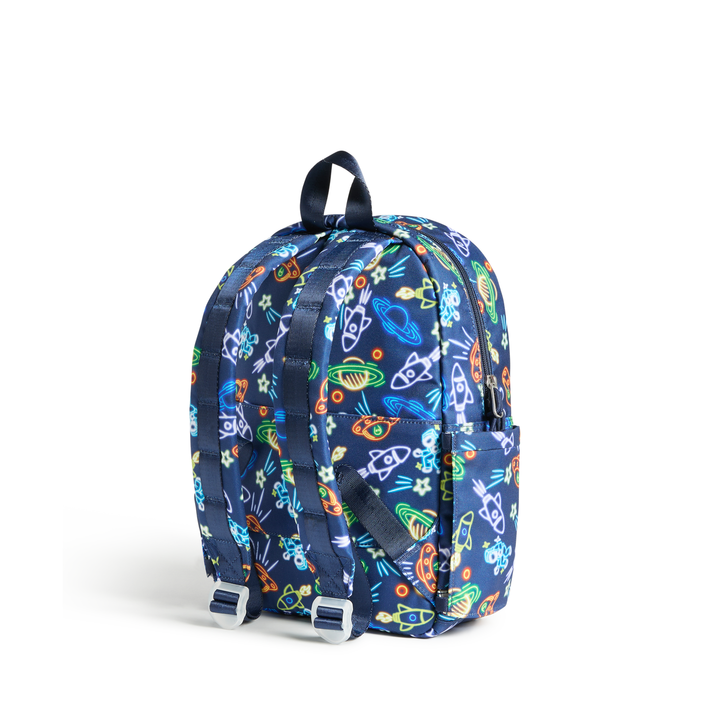 Backpack with space-themed pattern on a white background
