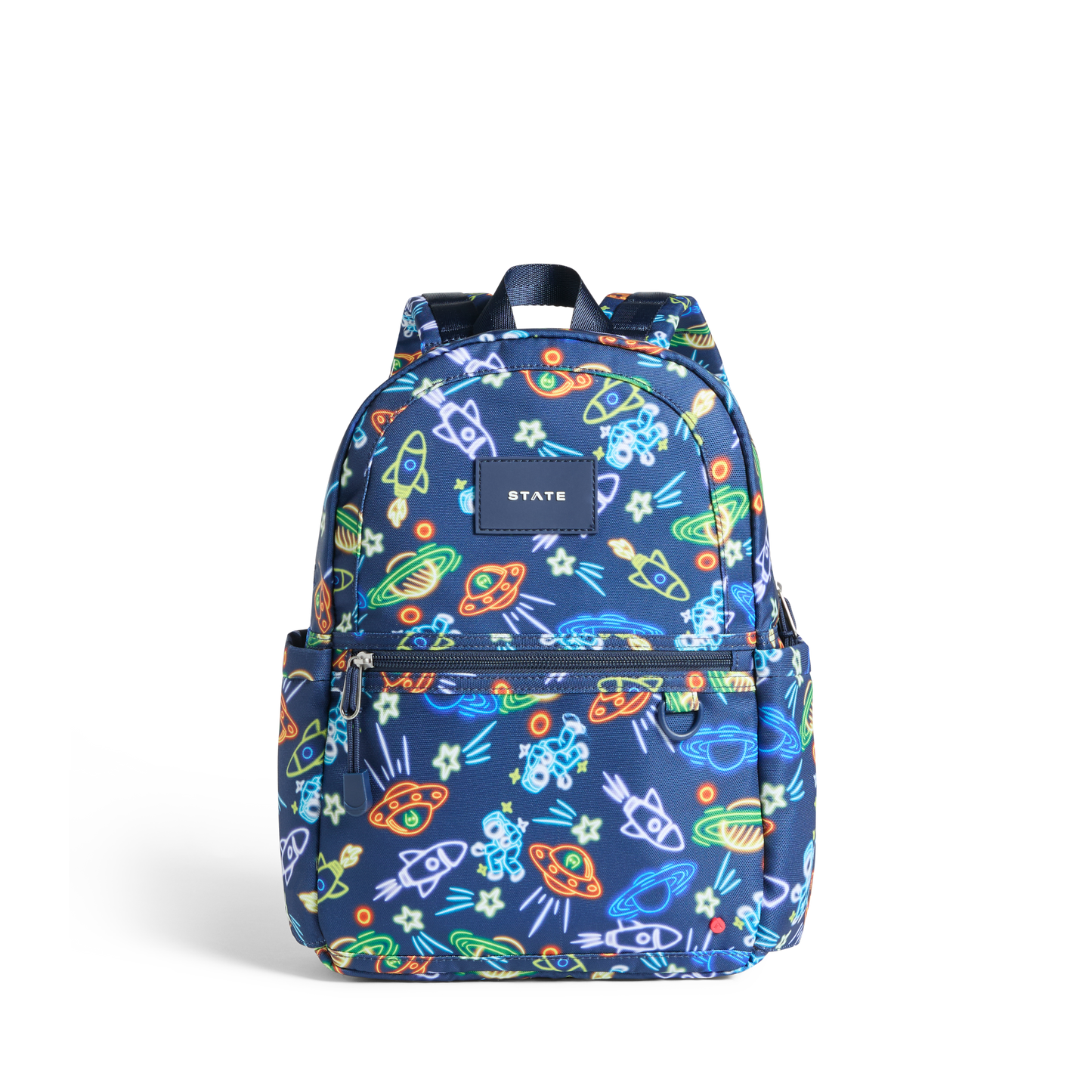 Colorful backpack with space-themed design on a white background
