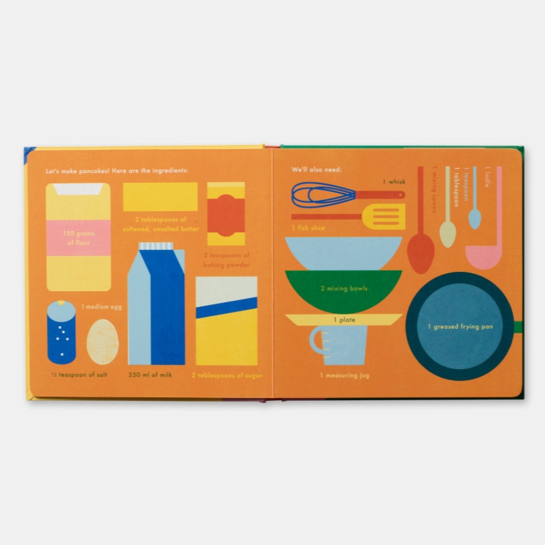 Illustrated recipe book open to a page with kitchen utensils and ingredients on an orange background