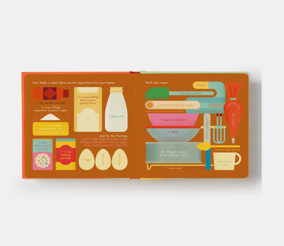 Children's book with illustrations of baking ingredients and tools on a white background