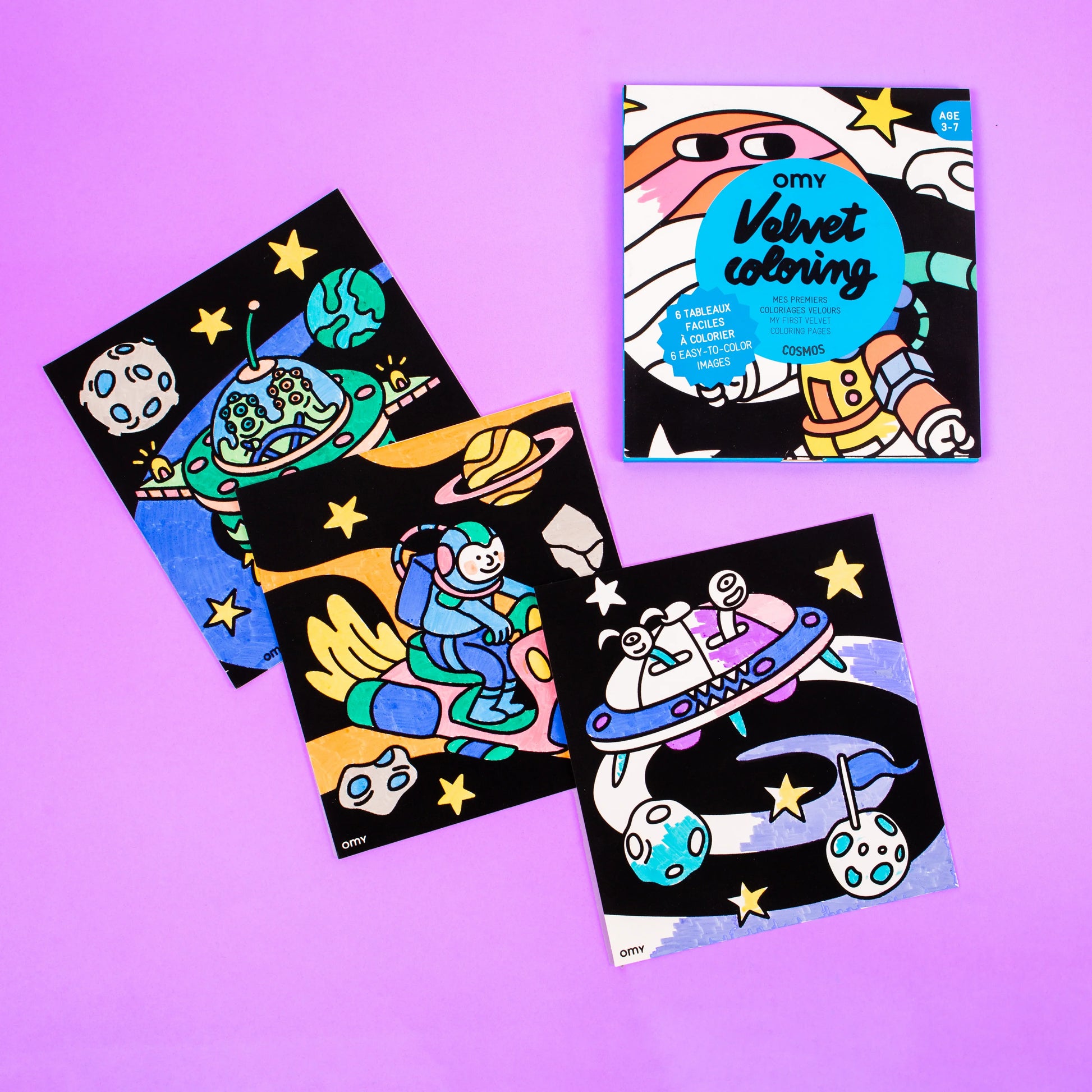 OMY Cosmos velvet coloring sheets for kids with space theme