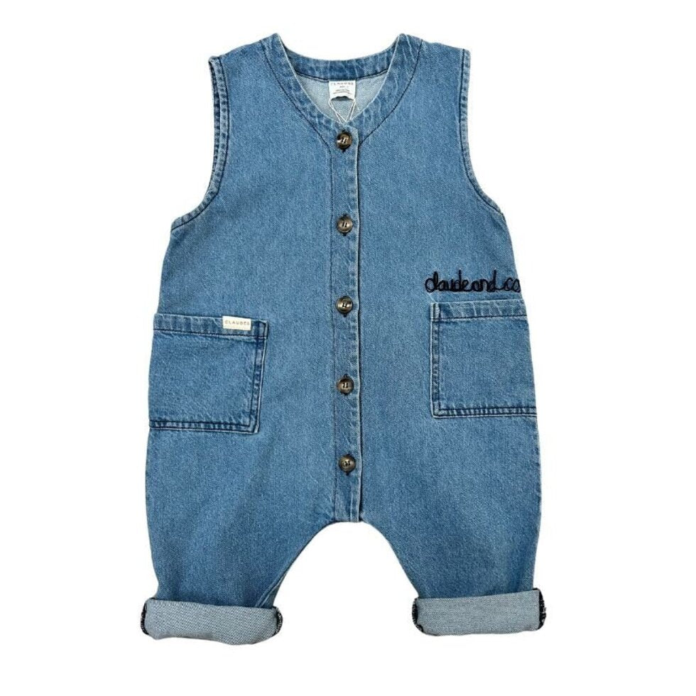 100% Cotton Denim Washed Overalls Sleeveless. Made from mid-weight textured rigid denim with a light wash and Claude and Co stitching.