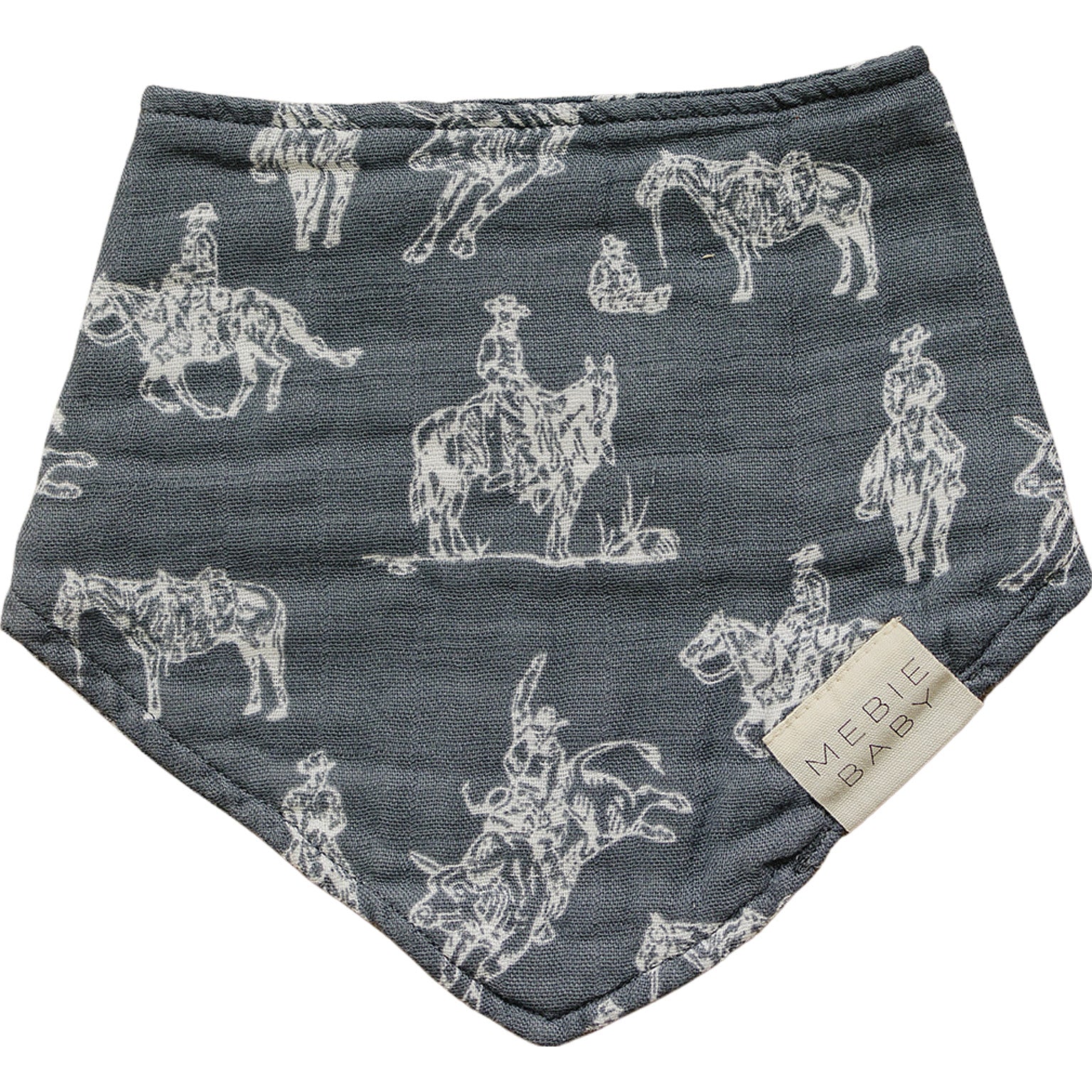 Gray bandana bib with white horse and cowboy pattern, featuring a visible brand label.