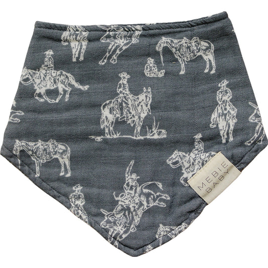 Gray bandana bib with white horse and cowboy pattern, featuring a visible brand label.